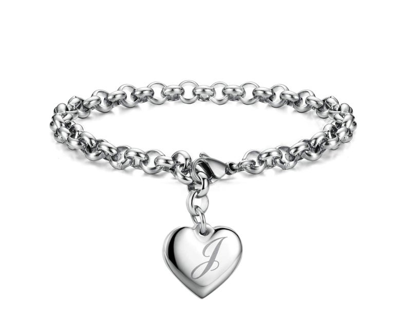 Monily Valentine's Day Initial Charm Bracelets for Women Stainless Steel Letters J Alphabet Heart Bracelet Jewelry Gifts for Women - Image 1